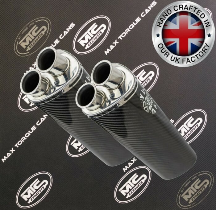 Carbon Tri oval Twin outlet motorbike exhausts by Max Torque Cans UK